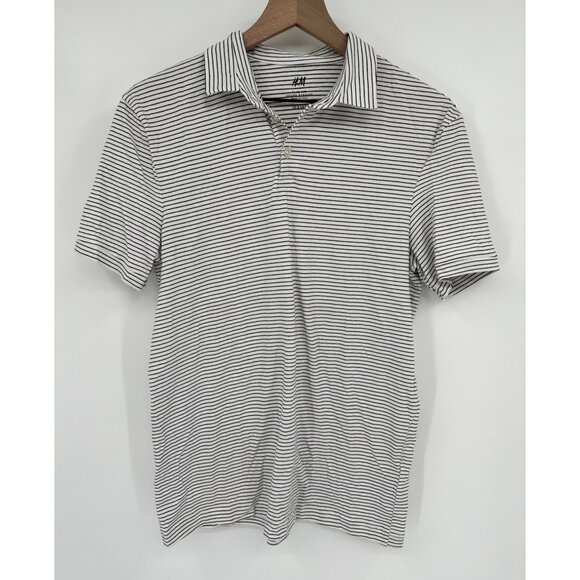 H&M Slim Fit Polo Men Small Black White Stripped Short Sleeve NWT - Picture 1 of 8